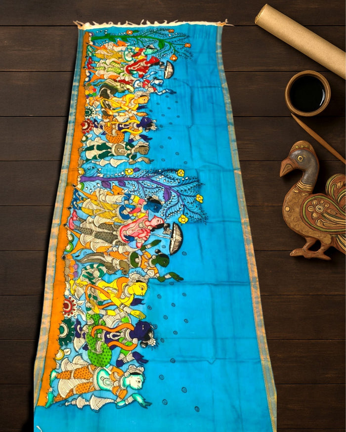 Indiehaat | Mangalagiri Handpainted Dupatta Blue