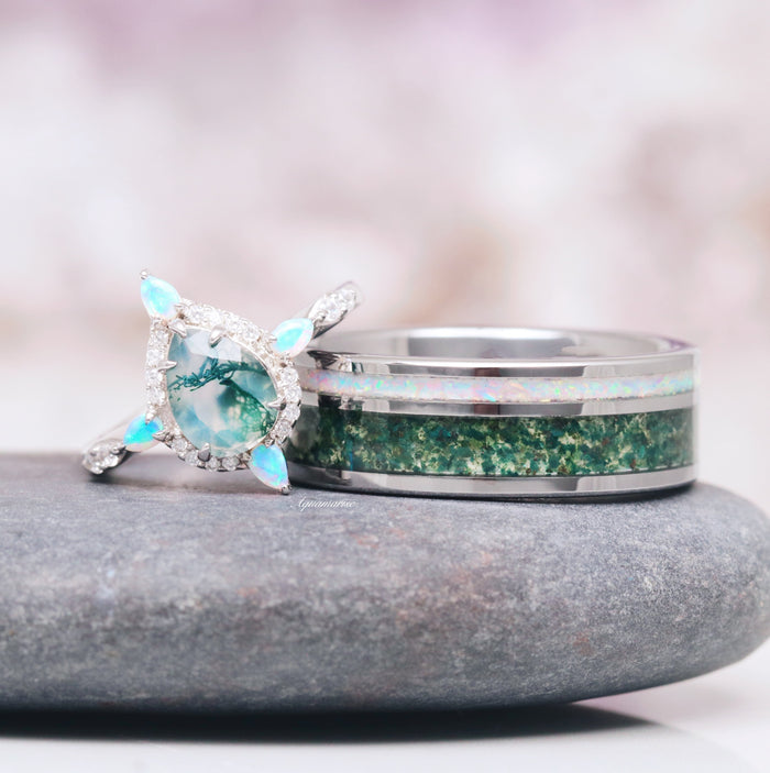 Green Moss Agate & Fire Opal Engagement Ring- 14K White Gold featuring a teardrop moss agate center stone surrounded by white diamonds and accented with bright fire opal marquise shapes, paired with a band inlaid with vibrant green moss agate and opal, crafted by Aquamarise Gold.
