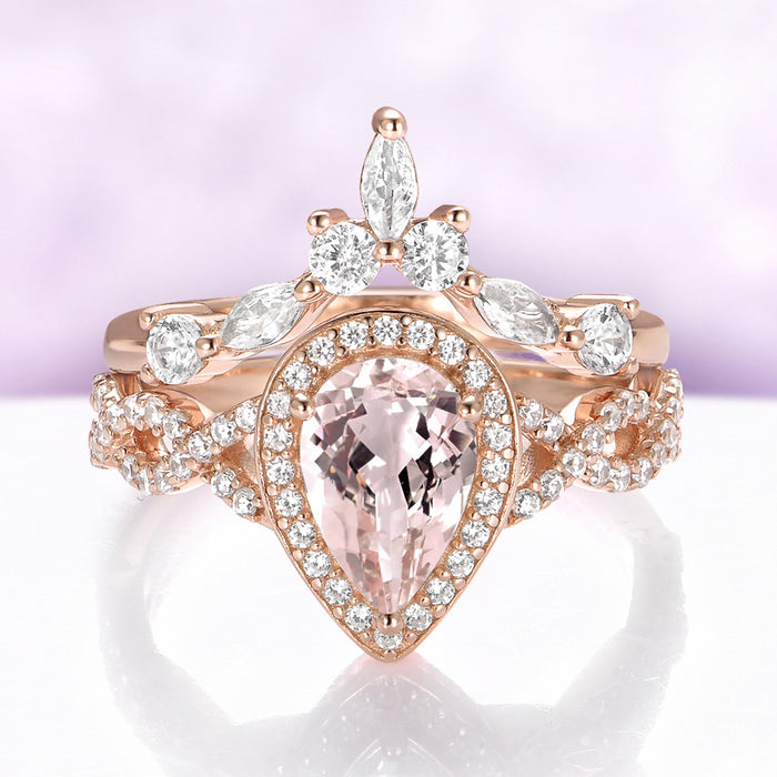 Teardrop Morganite Ring Set in 14K Rose Gold Vermeil by Aquamarise, featuring a pear-cut blush morganite with a diamond halo, twisted band, and marquise crown band.