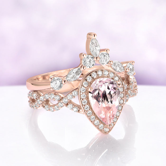 Teardrop Morganite Ring Set in 14K Rose Gold Vermeil by Aquamarise, angled view of the pear-cut morganite paired with its crown band.