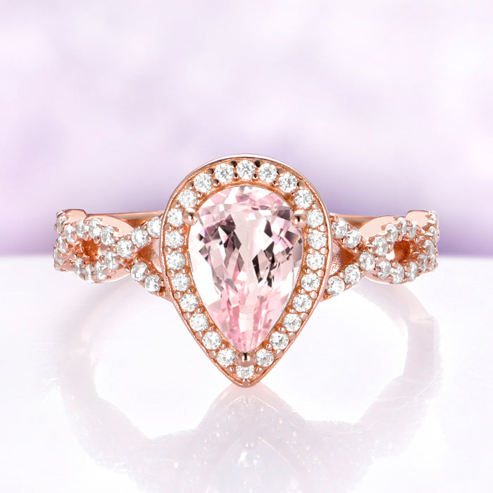 Teardrop Morganite Engagement Ring in 14K Rose Gold Vermeil by Aquamarise, shown alone with a pear-cut blush morganite halo on a twisted pave band.