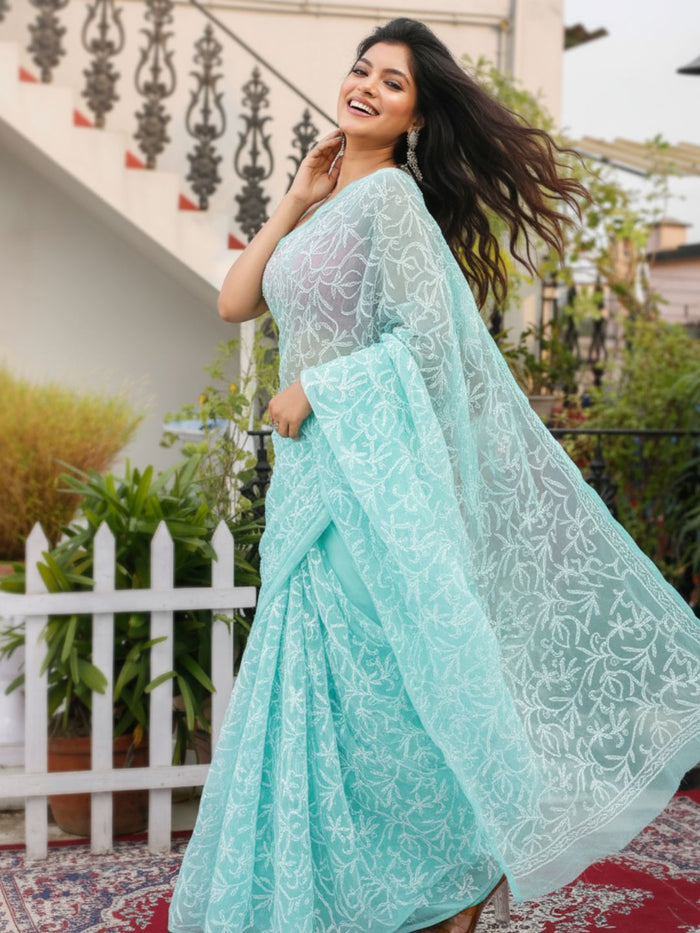 Tepchi Handwork Georgette Saree Blue