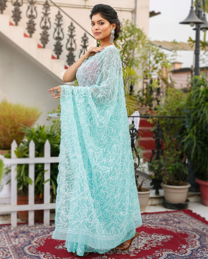 Georgette Handcrafted Saree Light Blue Color Tepchi work with Running Blouse - IndieHaat