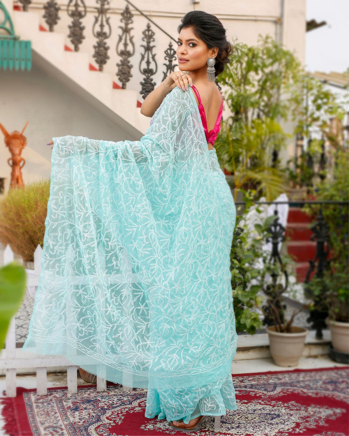 Georgette Handcrafted Saree Light Blue Color Tepchi work with Running Blouse - IndieHaat