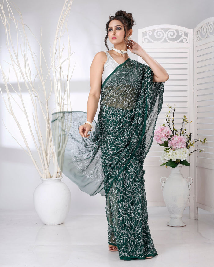 Indiehaat | Tepchi Handwork Georgette Saree Dark Green