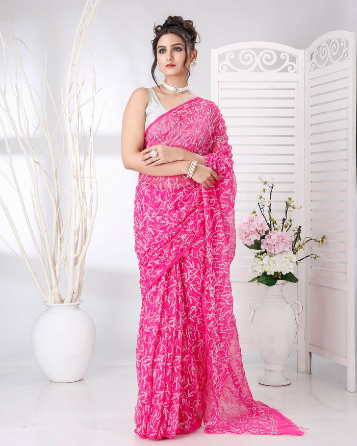 Indiehaat | Tepchi Handwork Georgette Saree Dark Pink