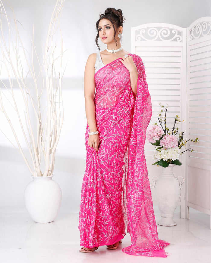 Indiehaat | Tepchi Handwork Georgette Saree Dark Pink