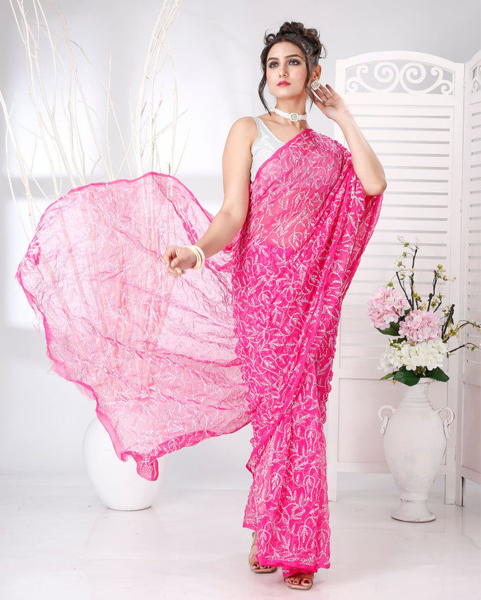 Indiehaat | Tepchi Handwork Georgette Saree Dark Pink