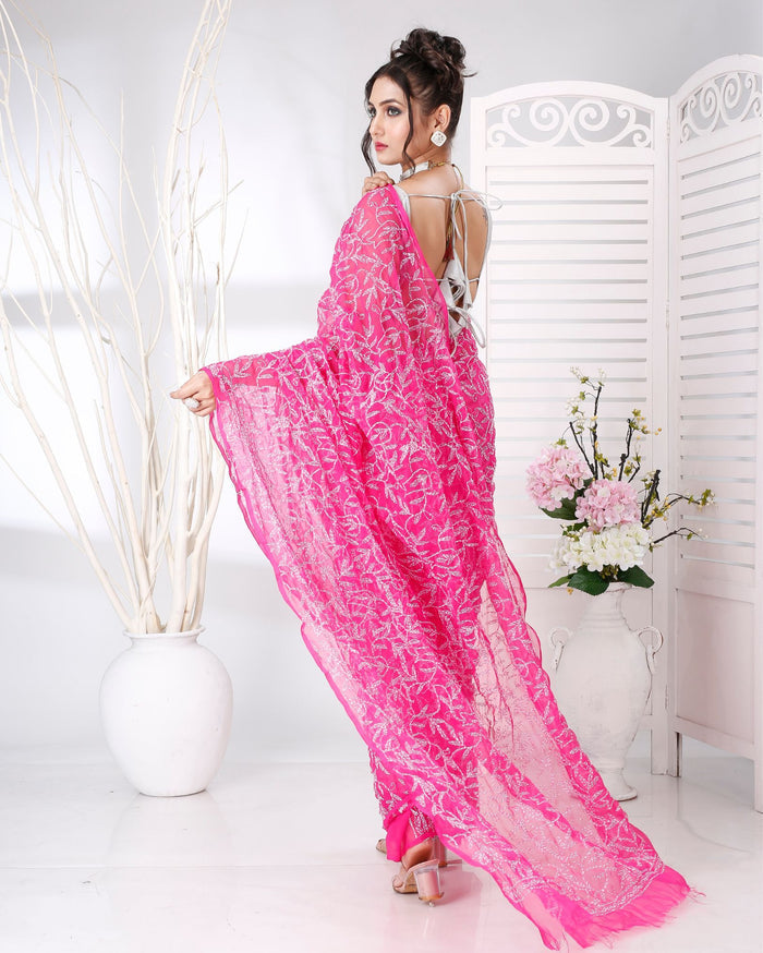 Indiehaat | Tepchi Handwork Georgette Saree Dark Pink