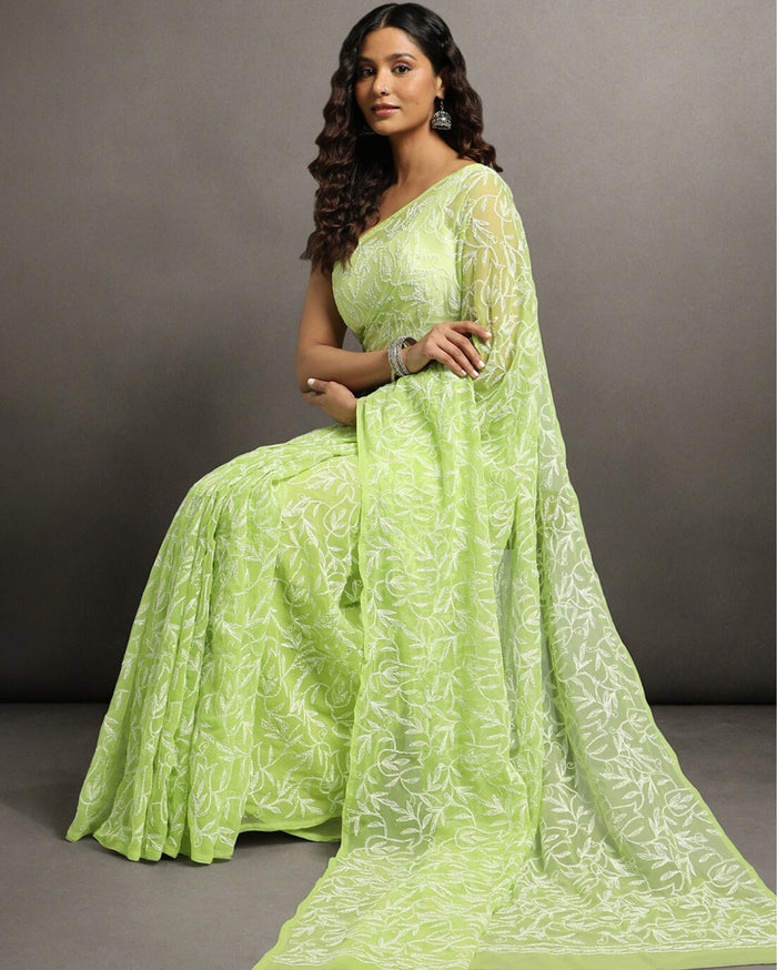 Georgette HandCrafted Saree Moss Green Color Tepchi work with Running Blouse-Indiehaat