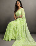Georgette HandCrafted Saree Moss Green Color Tepchi work with Running Blouse-Indiehaat