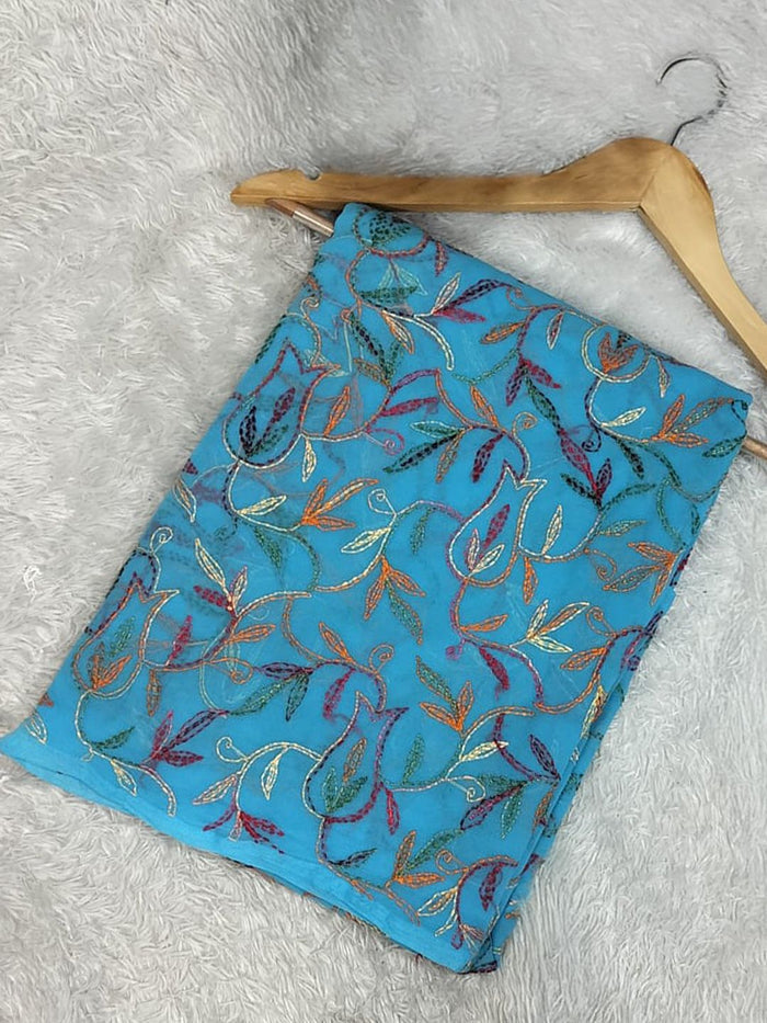 Indiehaat | Tepchi Handwork Georgette Saree Blue