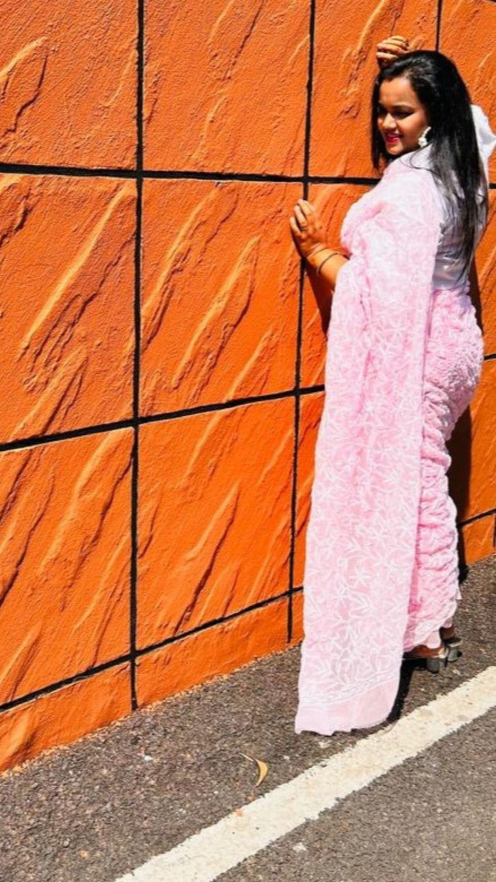 Georgette HandCrafted Tepchi work Pink Saree with Running Blouse-Indiehaat