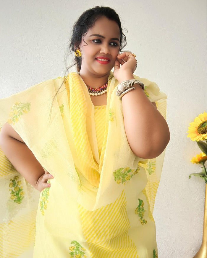 Textured Kota Doria Yellow Suit (T+B+D) Handblock Print