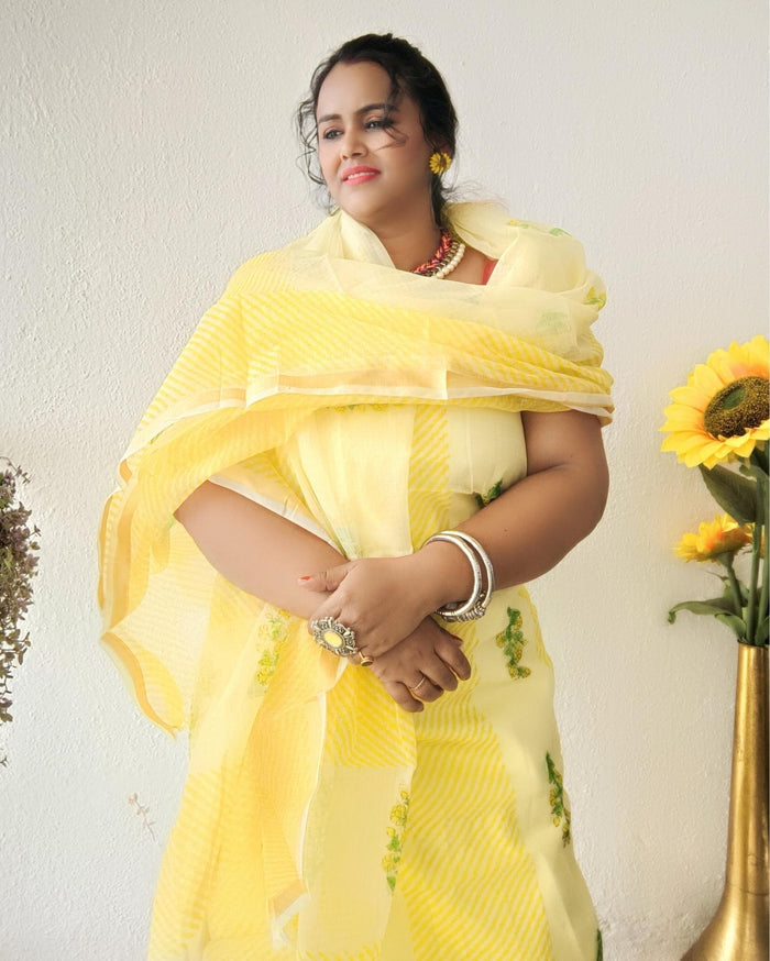 Textured Kota Doria Yellow Suit (T+B+D) Handblock Print