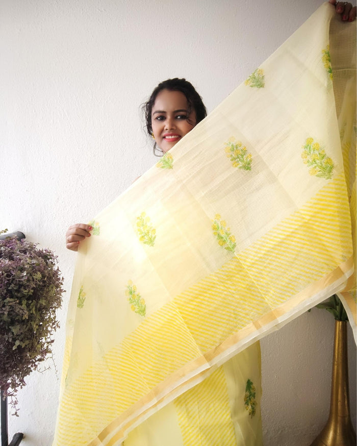 Textured Kota Doria Yellow Suit (T+B+D) Handblock Print