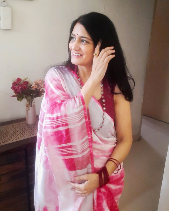 Linen Shibori Pink Hand Dyed Saree with Blouse-Indiehaat