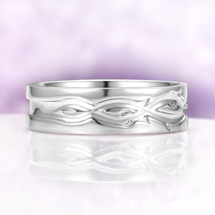 Moss Agate Leaf Couples Ring Set in sterling silver by Aquamarise, featuring an elegant leaf-inspired carved design on a polished band from Matching Couples' Rings collection.