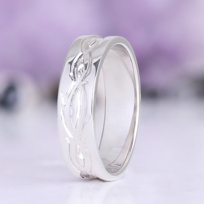 Moss Agate Leaf Couples Ring Set in sterling silver by Aquamarise, featuring an elegant leaf motif on a polished band from Matching Couples' Rings and Nature-Inspired Jewelry collections.