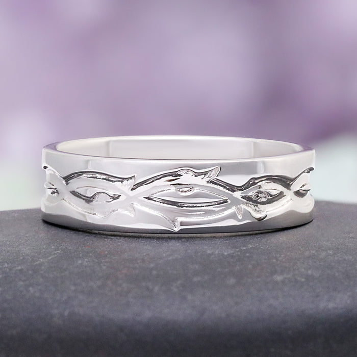 Moss Agate Leaf Couples Ring Set in sterling silver by Aquamarise, featuring a delicate leaf-inspired engraved pattern in a polished band from Matching Couples' Rings and Moss Agate Jewelry collections.