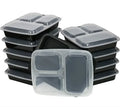 Three compartment meal prep containers 12-pack stacked together with clear lids for easy meal storage.
