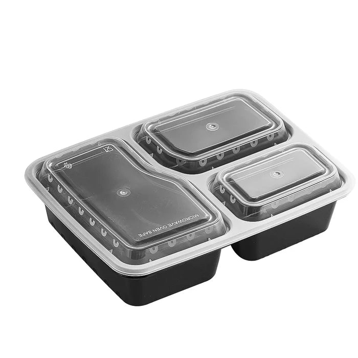 Three compartment meal prep containers designed for portion control and freshness in meal prep.
