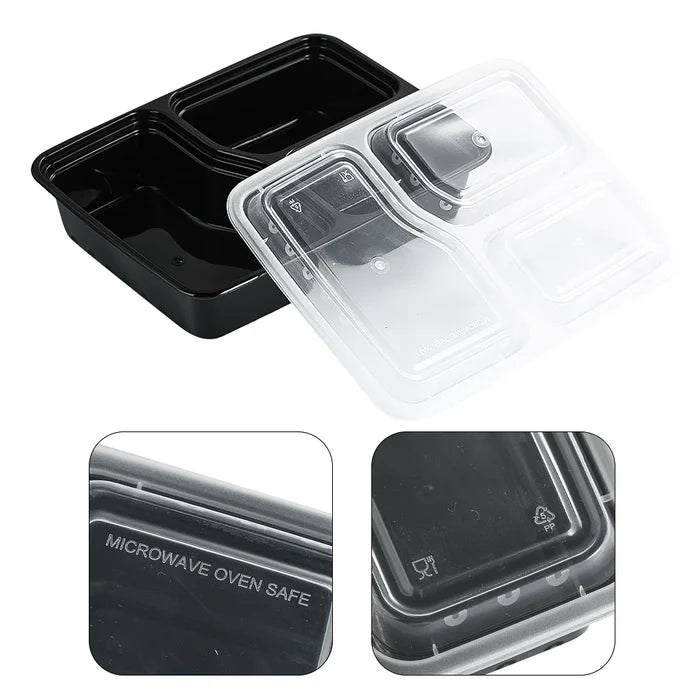 Three compartment meal prep containers showing a black base and transparent lid, perfect for meal organization.