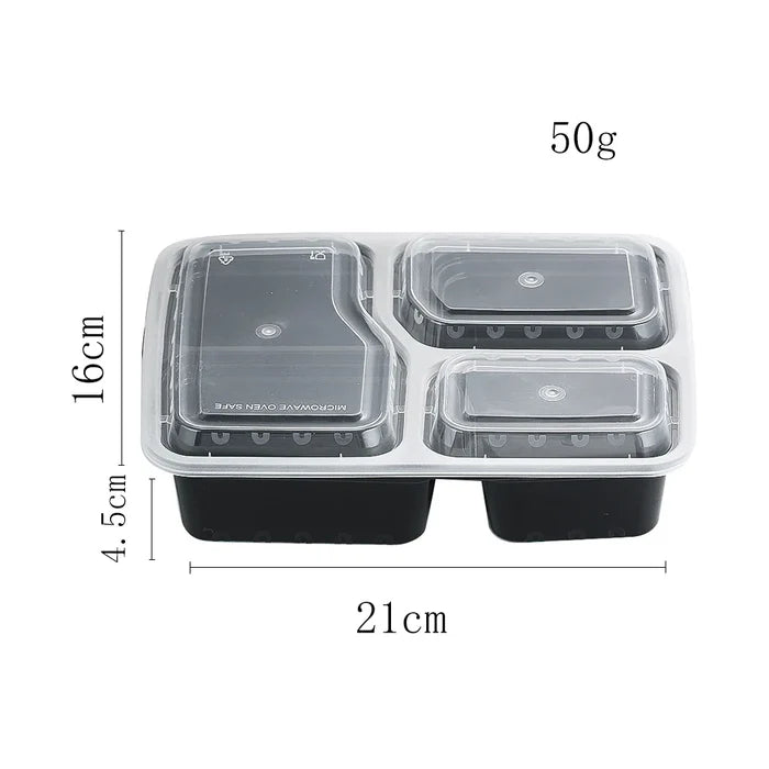 Three compartment meal prep containers with clear lids for easy meal packing and freshness.
