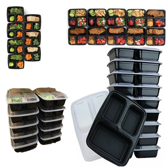 Image of three compartment meal prep containers stacked and filled with fresh ingredients for easy meal preparation.
