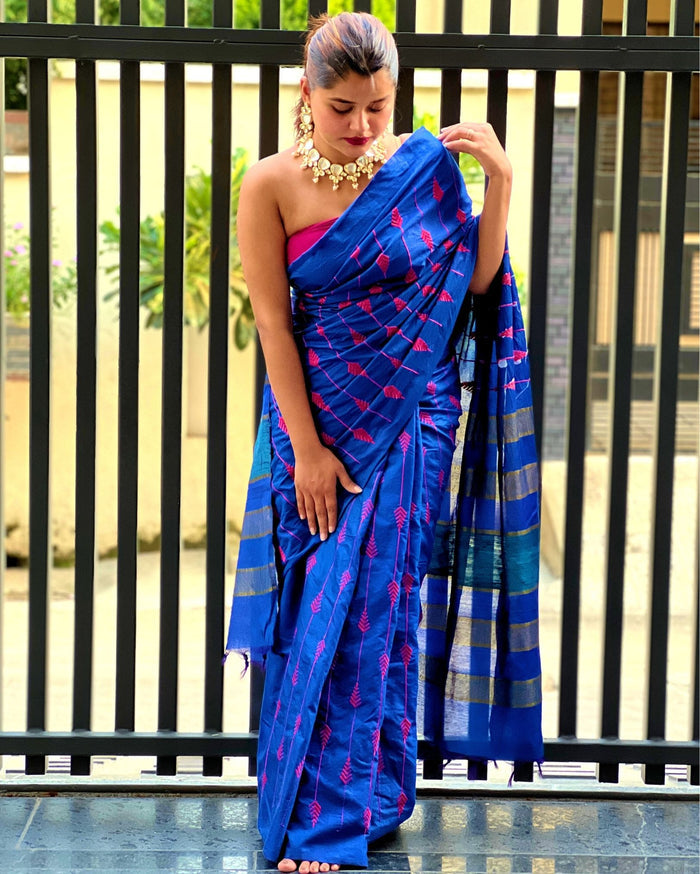 Eri Silk Embroidered Blue Saree with Blouse-Indiehaat