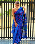 Eri Silk Embroidered Blue Saree with Blouse-Indiehaat