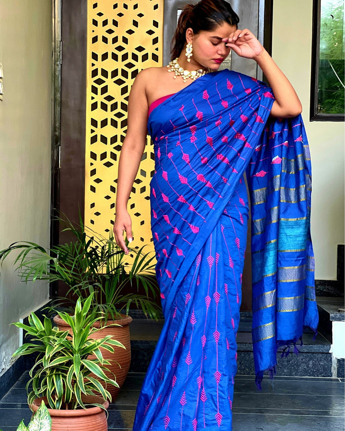 Eri Silk Embroidered Blue Saree with Blouse-Indiehaat