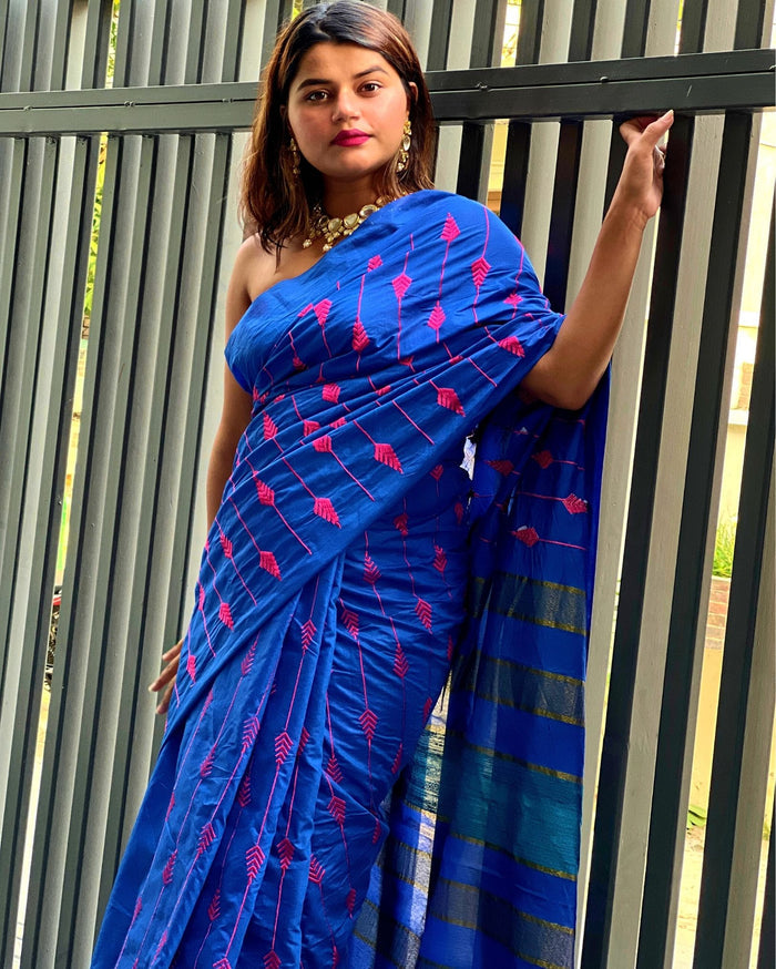 Eri Silk Embroidered Blue Saree with Blouse-Indiehaat