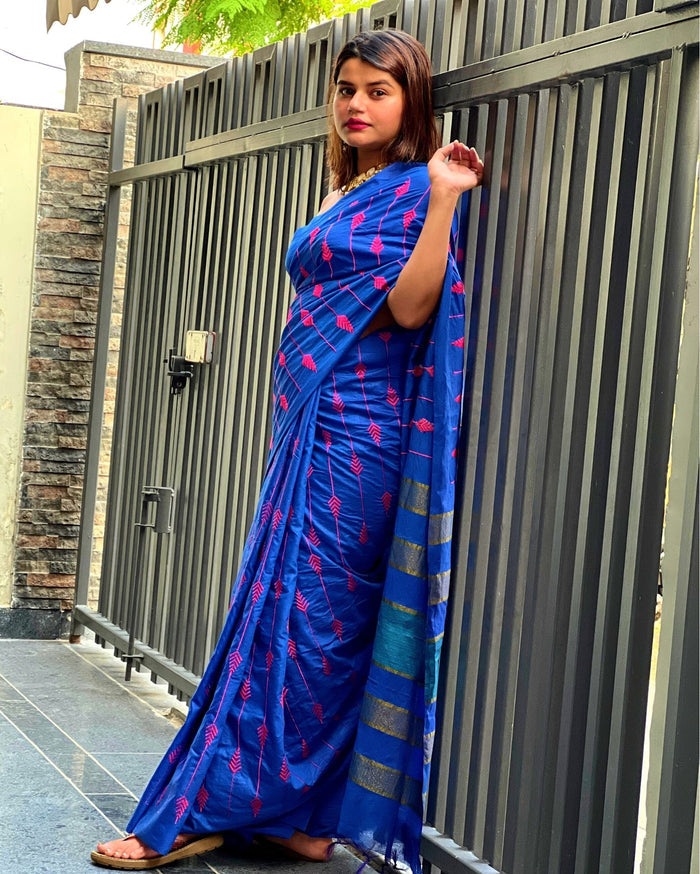 Eri Silk Embroidered Blue Saree with Blouse-Indiehaat