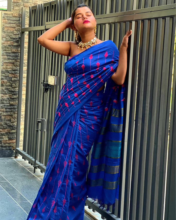 Eri Silk Embroidered Blue Saree with Blouse-Indiehaat