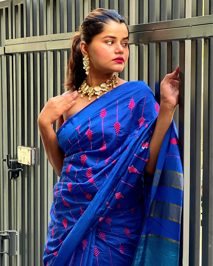 Eri Silk Embroidered Blue Saree with Blouse-Indiehaat