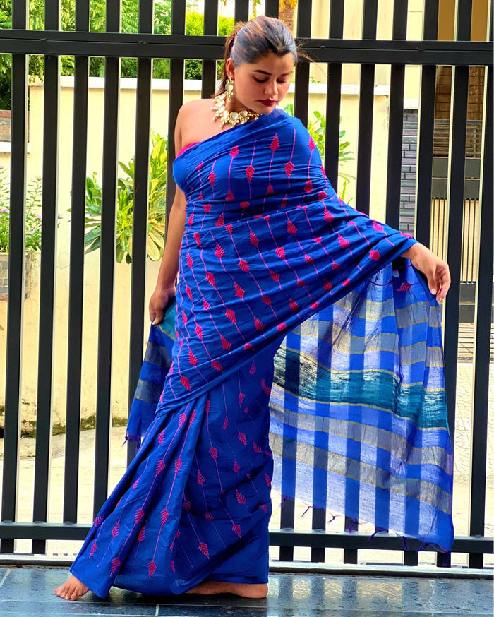 Eri Silk Embroidered Blue Saree with Blouse-Indiehaat