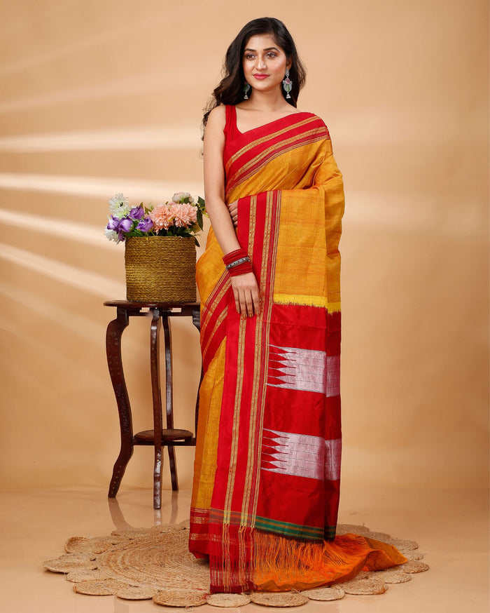 ILKAL Handloom Cotton Silk Saree Gajari Color with running blouse - IndieHaat