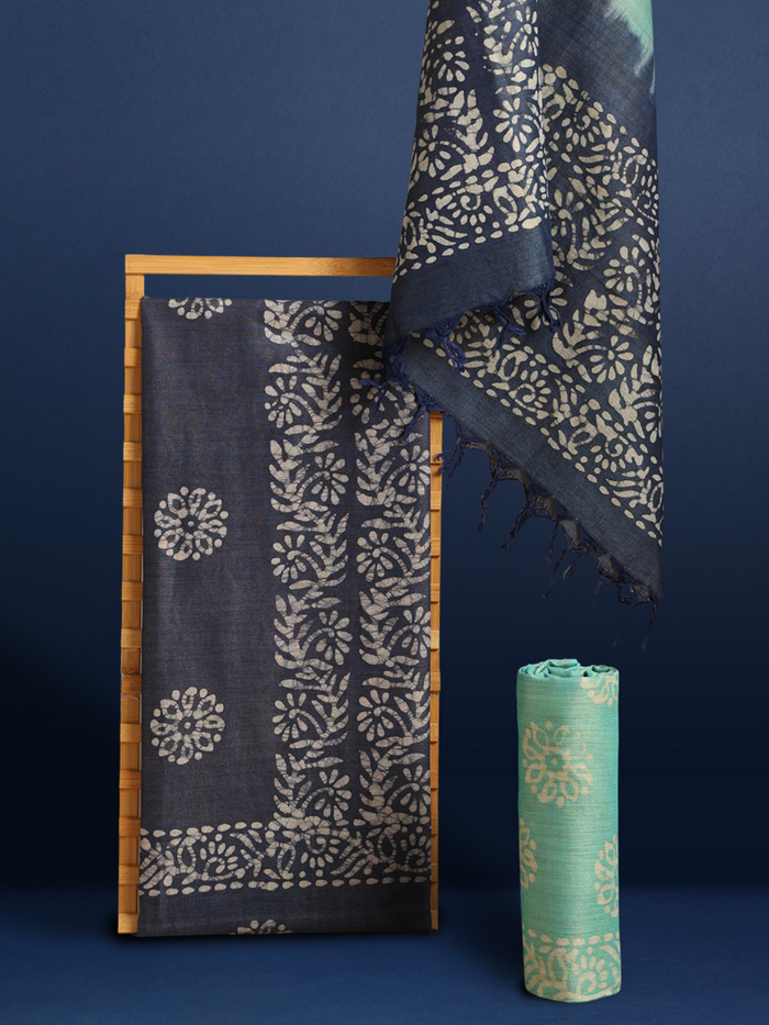 Timeless Khadi Cotton Wax Batik Hand Dyed Blue Suit (T+B+D)