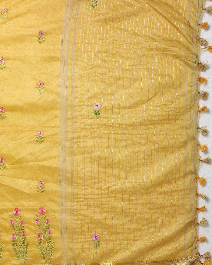 Timeless Silk Linen Embroidered Mustard Saree