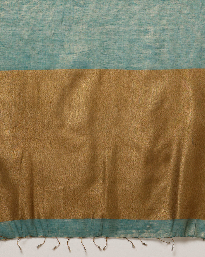 Tissue Linen Green Saree Gold Shimmer Pallu