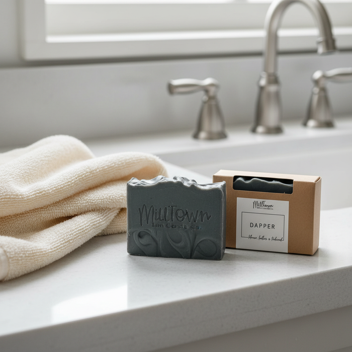 AI-generated Tobacco Leather Teakwood Soap scene based on the real product image