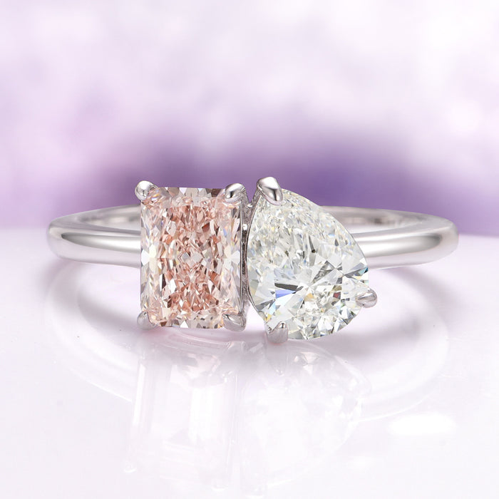 Toi Et Moi Morganite and Simulated Diamond Ring in Sterling Silver features a radiant rectangular morganite paired with a pear-shaped simulated diamond on a polished 925 sterling silver band by Aquamarise, part of Sterling Silver Rings and Fantasy-Inspired Engagement Rings collections.