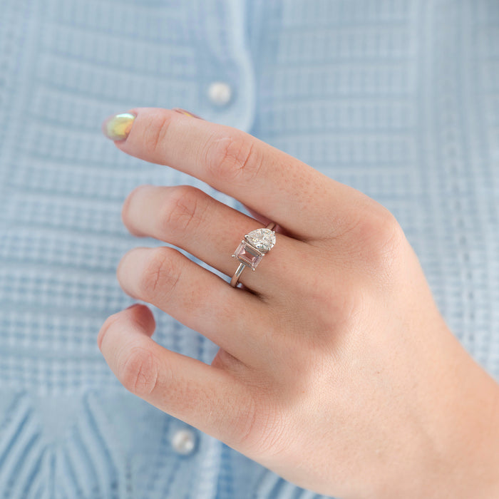 Toi Et Moi Morganite and Simulated Diamond Ring in Sterling Silver by Aquamarise features a radiant rectangular morganite paired with a pear-shaped simulated diamond on a polished sterling silver band, part of Sterling Silver Rings and April Birthstone Jewelry collections, ideal for modern, fantasy-inspired engagement and promise rings.