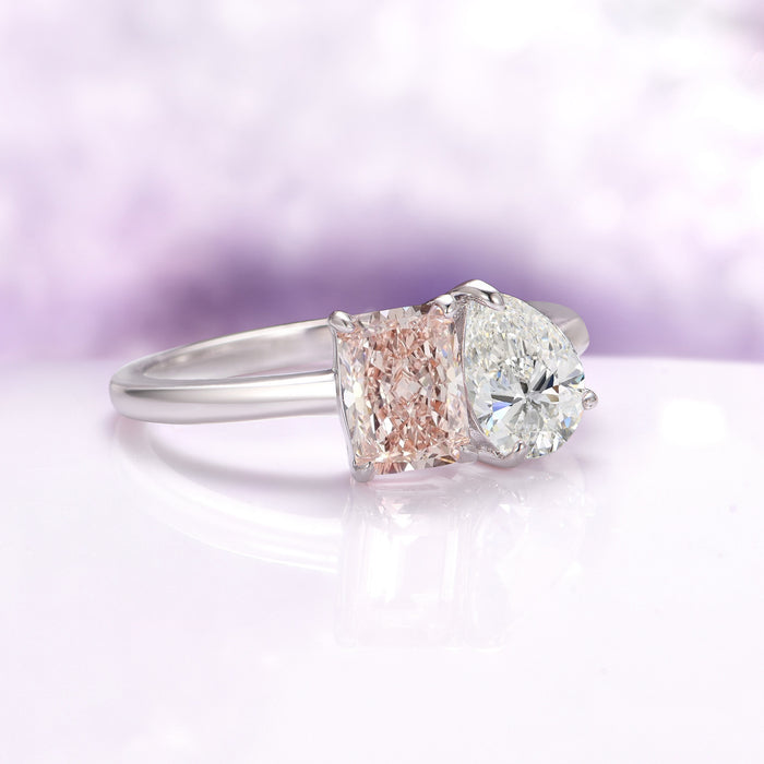 Toi Et Moi Morganite and Simulated Diamond Ring in Sterling Silver by Aquamarise features a radiant rectangular morganite and a pear-shaped simulated diamond set on a polished sterling silver band, part of Sterling Silver Rings and April Birthstone Jewelry collections, ideal for unique, fantasy-inspired engagement rings and meaningful promise rings.