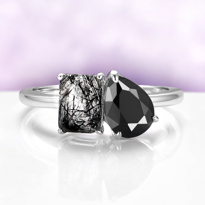 Toi Et Moi Rutilated Quartz & Black Onyx Engagement Ring in 14K White Gold by Aquamarise Gold, featuring a gothic-inspired duo of stones in a sleek solid gold band design.