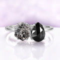 Toi Et Moi Salt & Pepper Herkimer Diamond & Black Onyx Ring in 14K White Gold by Aquamarise Gold, featuring a hexagon-cut Herkimer diamond and pear-cut black onyx in a gothic engagement style.