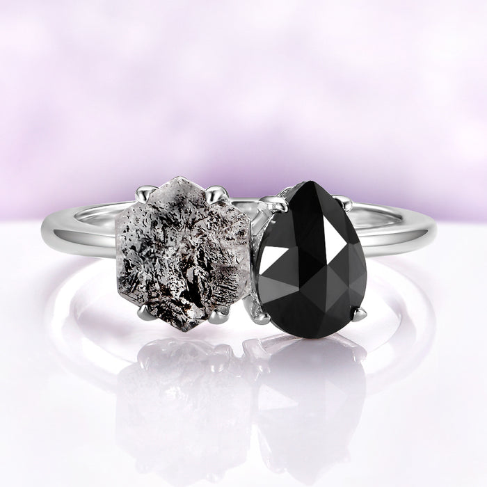 Toi Et Moi Salt & Pepper Herkimer Diamond & Black Onyx Ring in 14K White Gold by Aquamarise Gold, featuring a hexagon-cut Herkimer diamond and pear-cut black onyx in a gothic engagement style.