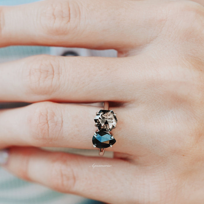 Toi Et Moi Herkimer Diamond & Black Onyx Ring- 14K White Gold by Aquamarise Gold, featuring contrasting salt and pepper Herkimer diamond and black onyx gemstones on a sleek white gold band.