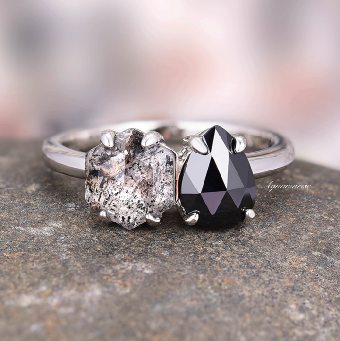 Toi Et Moi Herkimer Diamond & Black Onyx Ring- 14K White Gold by Aquamarise Gold, featuring contrasting faceted gemstones on a polished white gold band.